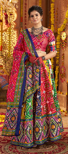 Multicolor color Ready to Wear Lehenga in Cotton fabric with Aari, Embroidered, Foil Print, Lace, Patch work