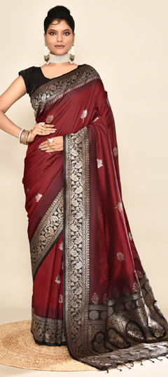 Red and Maroon color Saree in Banarasi Silk fabric with Weaving work