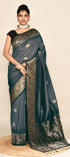 Black and Grey color Saree in Banarasi Silk fabric with Weaving work