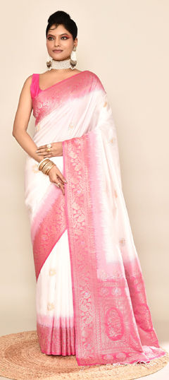 Pink and Majenta, White and Off White color Saree in Banarasi Silk fabric with Weaving work