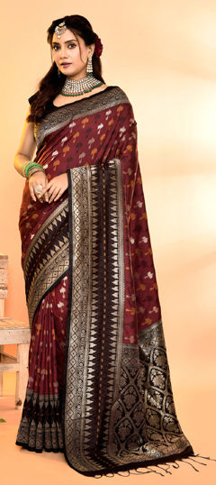 Black and Grey, Red and Maroon color Saree in Banarasi Silk fabric with Weaving work