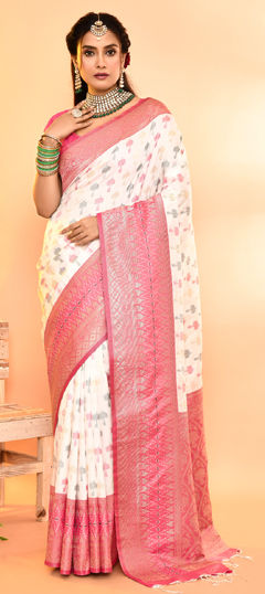 Pink and Majenta, White and Off White color Saree in Banarasi Silk fabric with Weaving work