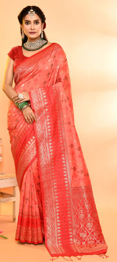 Pink and Majenta, Red and Maroon color Saree in Banarasi Silk fabric with Weaving work