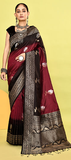 Black and Grey, Red and Maroon color Saree in Banarasi Silk fabric with Weaving work