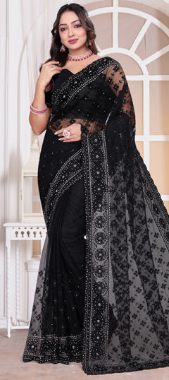 Black and Grey color Saree in Net fabric with Embroidered, Resham, Thread work