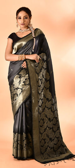 Black and Grey color Saree in Banarasi Silk fabric with Weaving work
