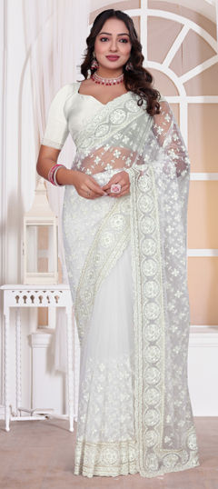 White and Off White color Saree in Net fabric with Embroidered, Resham, Thread work