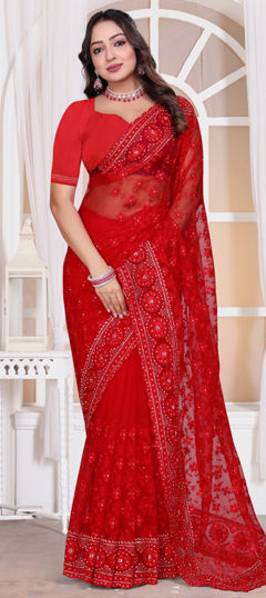 Red and Maroon color Saree in Net fabric with Embroidered, Resham, Thread work