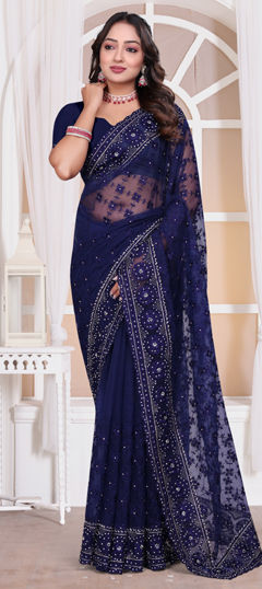 Blue color Saree in Net fabric with Embroidered, Resham, Thread work