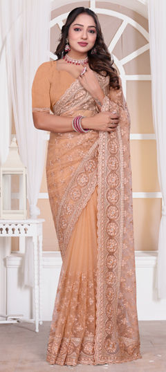 Beige and Brown color Saree in Net fabric with Embroidered, Resham, Thread work