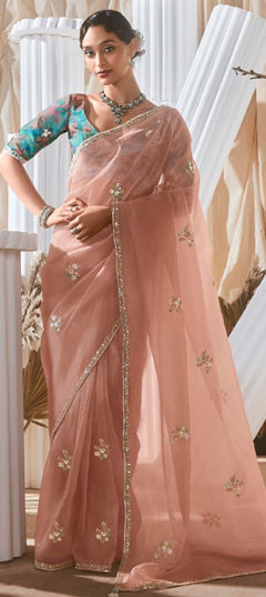 Pink and Majenta color Saree in Tissue fabric with Embroidered, Sequence, Thread work