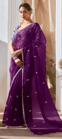Purple and Violet color Saree in Tissue fabric with Embroidered, Sequence, Thread work