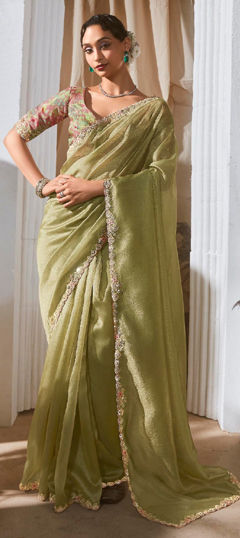 Green color Saree in Tissue fabric with Embroidered, Sequence, Thread work