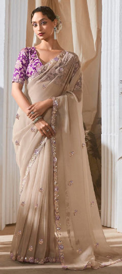 Beige and Brown color Saree in Tissue fabric with Embroidered, Sequence, Thread work