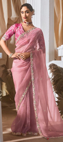 Pink and Majenta color Saree in Tissue fabric with Embroidered, Sequence, Thread work