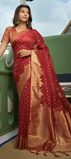 Red and Maroon color Saree in Organza Silk fabric with Weaving, Zari work