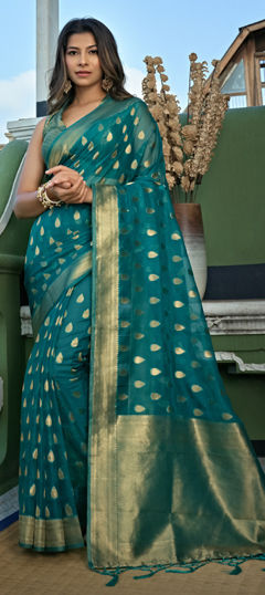 Blue color Saree in Organza Silk fabric with Weaving, Zari work