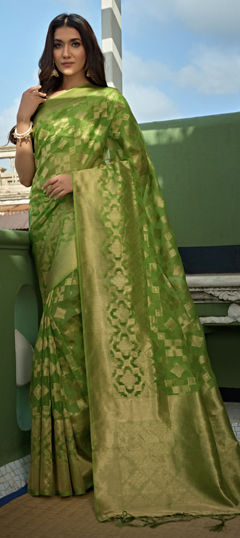 Green color Saree in Organza Silk fabric with Weaving, Zari work