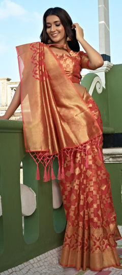 Red and Maroon color Saree in Organza Silk fabric with Weaving, Zari work