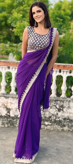Purple and Violet color Saree in Georgette fabric with Embroidered, Sequence work