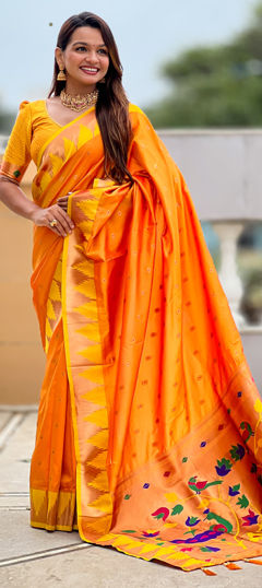 Orange color Saree in Art Silk fabric with Weaving work