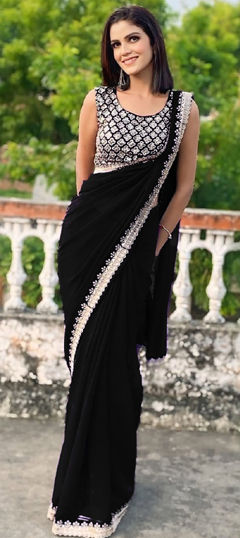 Black and Grey color Saree in Georgette fabric with Embroidered, Sequence work
