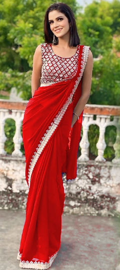 Red and Maroon color Saree in Georgette fabric with Embroidered, Sequence work