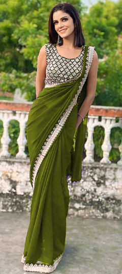 Green color Saree in Georgette fabric with Embroidered, Sequence work