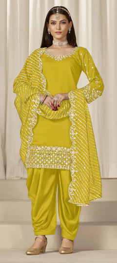 Yellow color Salwar Kameez in Roman Silk fabric with Embroidered, Mirror, Sequence work