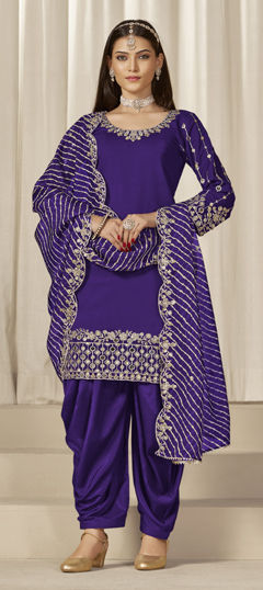 Purple and Violet color Salwar Kameez in Roman Silk fabric with Embroidered, Mirror, Sequence work