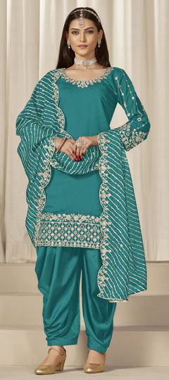 Blue color Salwar Kameez in Roman Silk fabric with Embroidered, Mirror, Sequence work