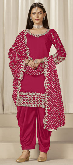 Pink and Majenta color Salwar Kameez in Roman Silk fabric with Embroidered, Mirror, Sequence work