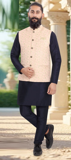Blue color Kurta Pyjama with Jacket in Silk fabric with Weaving work