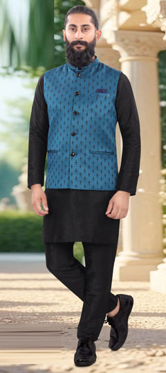 Black and Grey color Kurta Pyjama with Jacket in Silk fabric with Weaving work