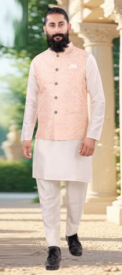 White and Off White color Kurta Pyjama with Jacket in Silk fabric with Weaving work