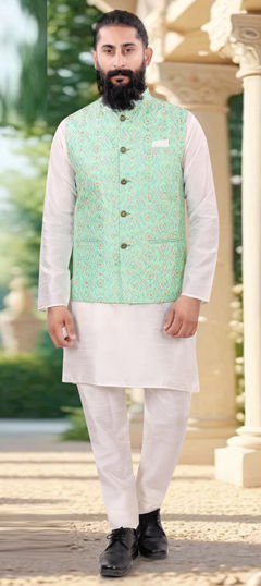 White and Off White color Kurta Pyjama with Jacket in Silk fabric with Weaving work