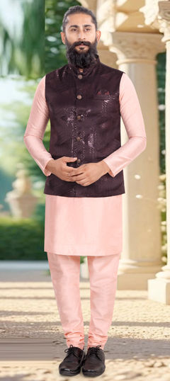 Pink and Majenta color Kurta Pyjama with Jacket in Silk fabric with Weaving work