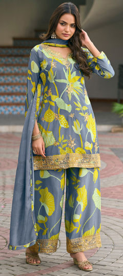 Black and Grey color Salwar Kameez in Chinon Silk fabric with Embroidered, Floral, Thread work