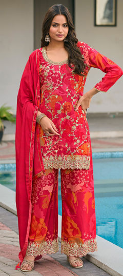 Orange, Pink and Majenta color Salwar Kameez in Chinon Silk fabric with Embroidered, Printed, Thread work