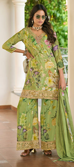Green color Salwar Kameez in Chinon Silk fabric with Embroidered, Floral, Thread work