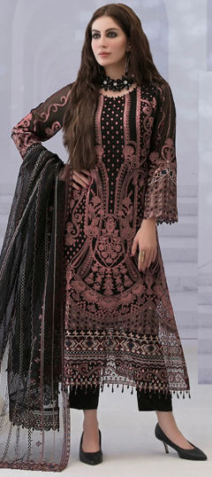 Black and Grey color Salwar Kameez in Georgette fabric with Embroidered, Thread, Zircon work