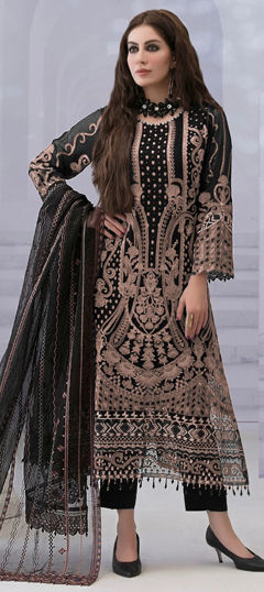 Black and Grey color Salwar Kameez in Georgette fabric with Embroidered, Thread, Zircon work
