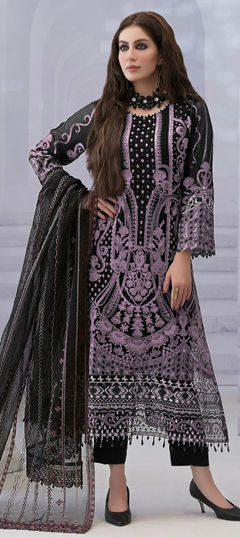 Black and Grey color Salwar Kameez in Georgette fabric with Embroidered, Thread, Zircon work