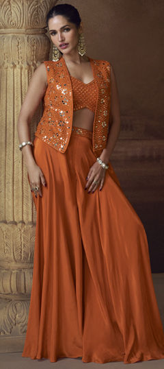 Beige and Brown color Salwar Kameez in Chinon Silk fabric with Embroidered, Sequence, Thread work