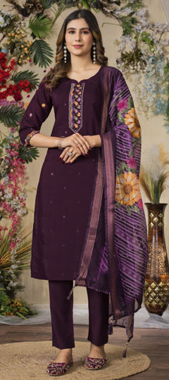 Purple and Violet color Salwar Kameez in Roman Silk fabric with Cut Dana, Embroidered, Thread work