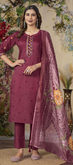 Beige and Brown color Salwar Kameez in Roman Silk fabric with Cut Dana, Embroidered, Thread work