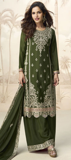 Green color Salwar Kameez in Chinon Silk fabric with Embroidered, Sequence, Thread work