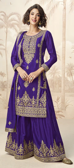 Purple and Violet color Salwar Kameez in Chinon Silk fabric with Embroidered, Sequence, Thread work