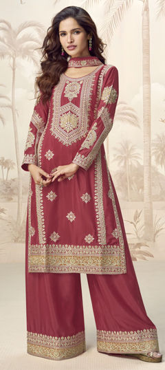 Red and Maroon color Salwar Kameez in Chinon Silk fabric with Embroidered, Sequence, Thread work