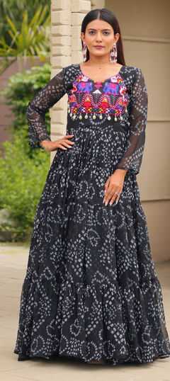 Black and Grey color Gown in Faux Georgette fabric with Bandhej, Embroidered, Mirror, Printed work